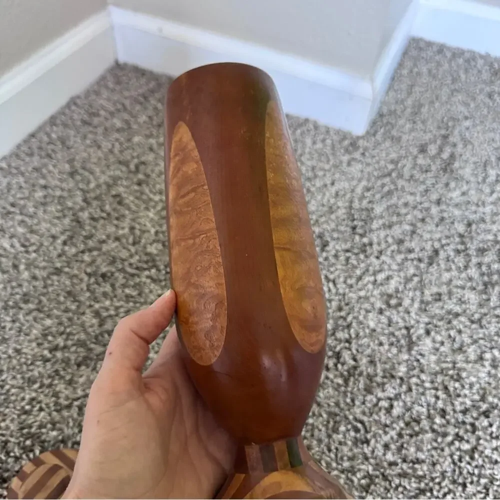 Vintage 1940s Wood Inlay Lidded Vase Artist Signed Unique MCM Home Decor